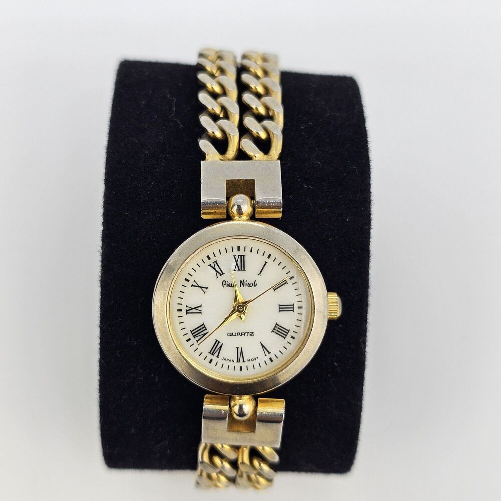 VTG Pierre Nicol Women‎ Watch 22MM Cream Dial Gold Chain Bands 6" New Battery